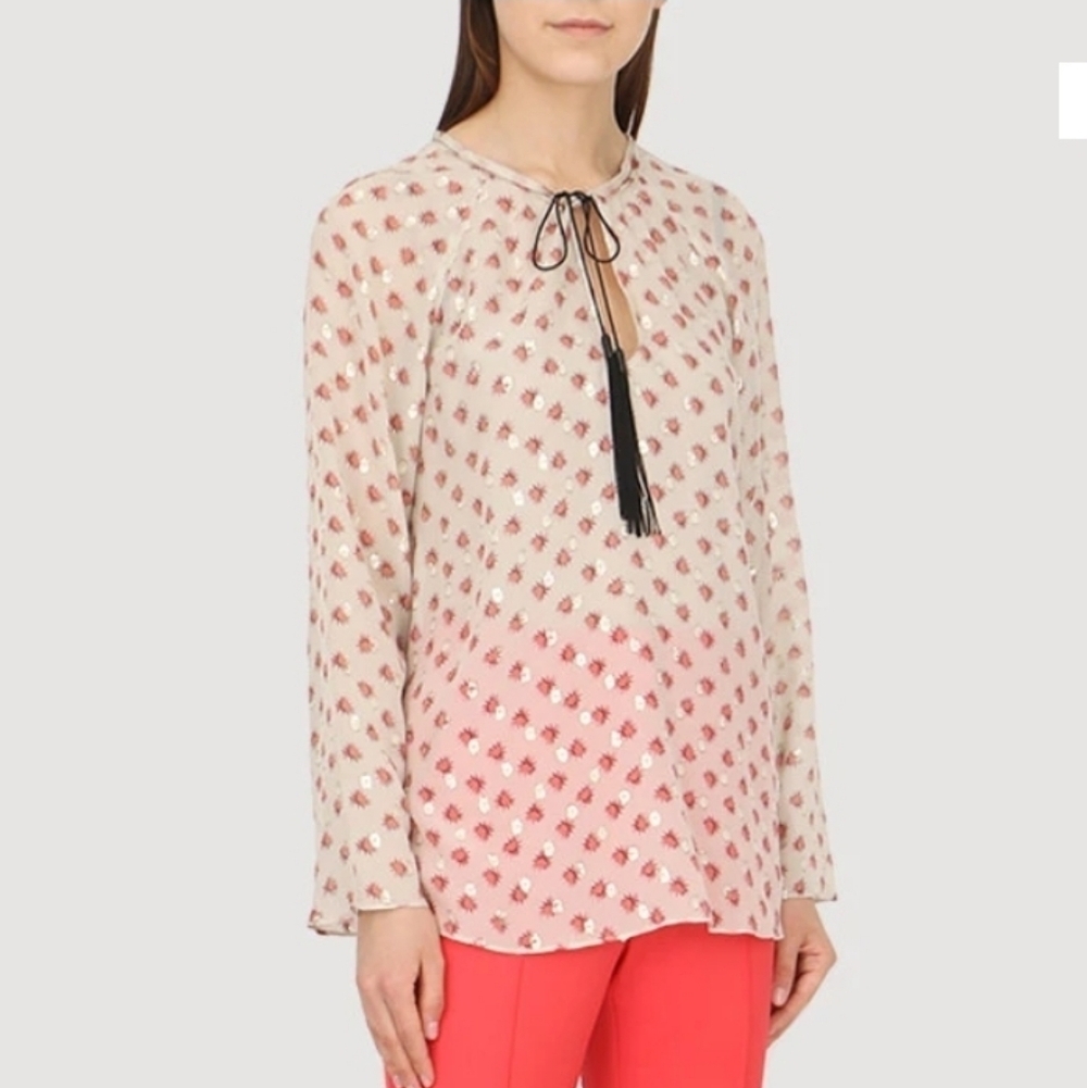 Dorothee Schumacher Silk Metallic Tassel Print Blouse XS Oversize Fit Cream Pink
